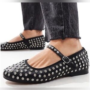 House of Harlow 1960 Black and Silver Rhinestone Studded Mary Jane Flats.